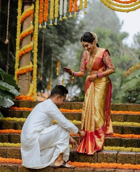 We're loving this couple's playful vibe as the groom fixes the saree pleats. Tag someone who’d do this for you! 🥺✨ Shot by… Saree Pleats, Marriage Poses, Marriage Stills, Indian Wedding Poses, Kerala Wedding Photography, Engagement Photography Poses, Wedding Photoshoot Props, Marriage Couple, Indian Wedding Couple Photography