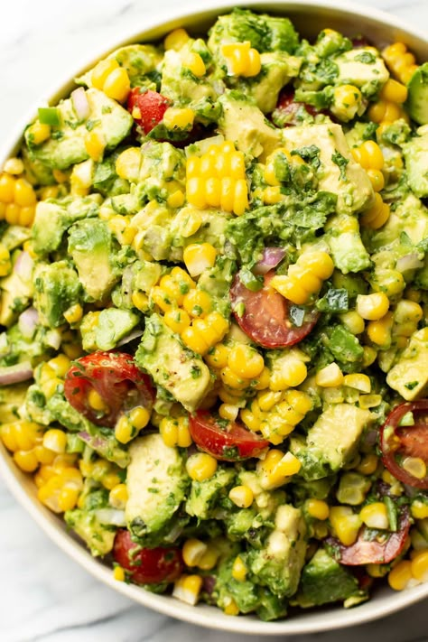 Avocado Corn Salad Summer Salad Cucumber, Picnic Food Sides, Simple Summer Side Dishes, Avocado Corn Salad Recipes, Recipes With Fresh Corn, Corn And Avocado Dip, Corn Summer Salad, Dressing From Scratch, Corn And Avocado Salad