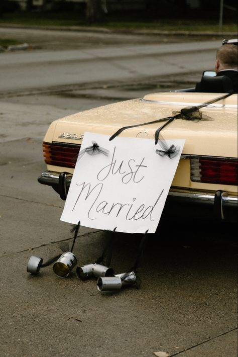 Just married sign! #fashion #wedding #weddingideas #aesthetic Just Hitched Sign, Wedding Car Exit, Just Married Sign For Car, Getting Married Aesthetic, Just Married Aesthetic, Just Married Cans, Just Married Car Ideas, Married Life Aesthetic, Just Married Car Sign