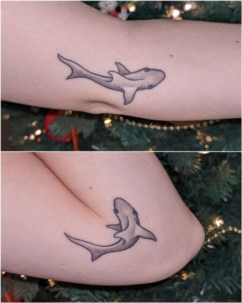 Spooky Shark Tattoo, Shark Elbow Tattoo, Inner Knee Tattoo, Jaws Tattoo, Inner Elbow Tattoo, Elbow Tattoo Ideas, Shark Jaws Tattoo, Inner Elbow Tattoos, Phoenix Tattoo For Men