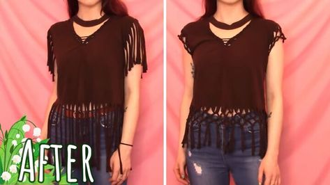 This is a guide to making a fringe-cut t-shirt. Learn how to make a DIY fringe shirt with knots using this step-by-step t-shirt macrame tutorial. Easy Fringe, Diy Tee Shirt, Fringe Tee Shirt, Cut Tshirt Diy, Cut Up T Shirt, Cut Shirt Designs, Diy Fringe, Diy Cut Shirts, T Shirt Tutorial