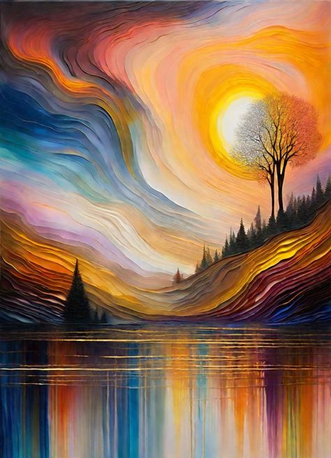 Sonia Lera Preston ~ Sunset Haze Abstract Painting Sunset, Abstract Sunset Painting, Sunrise Abstract Painting, Trippy Landscape Painting, Abstract Autumn Landscape Painting, Sunset Painting Impressionism, Sun Through Trees Painting, Image Nature, Soyut Sanat Tabloları