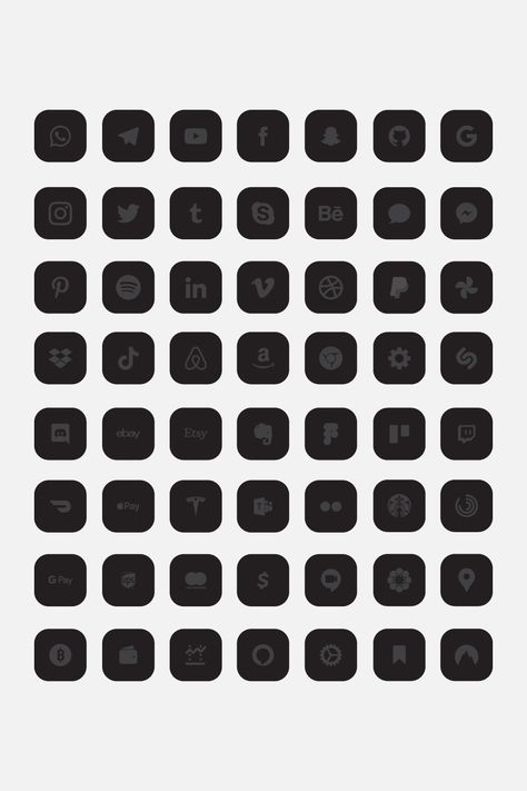 Hand-made icons are now available for iPhone thanks to the Shortcuts app in iOS 14. Instructions for customizing icons can be found here: https://9to5mac.com/2020/09/22/make-ios-14-aesthetic-custom-app-icons/ The icon pack includes more than 200 icons: -iOS Native Apps -Popular Free Apps -Popular Paid Apps -Matching Matte Black wallpaper included and other colors -Transparent Icon High quality iOS14 icon. Free lifetime update. Ios 16 Icon Pack, Matte Black App Icons, Iphone Icons Free, Matte Black Wallpaper, Matching App Icons, Ios 16 App Icons, Widgets Idea, Dark Layout, Transparent Icons
