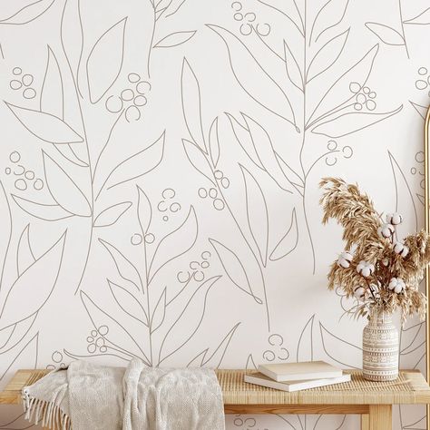 Earth Tone Peel And Stick Wallpaper, Floral Outline Wallpaper, Removable Wallpaper Headboard, Neutral Wallpaper Peel And Stick, Simple Peel And Stick Wallpaper, Boho Wallpaper Peel And Stick, Wallpaper Accent Wall Bedroom Boho, Beige Feature Wall, Neutral Wallpaper Bedroom