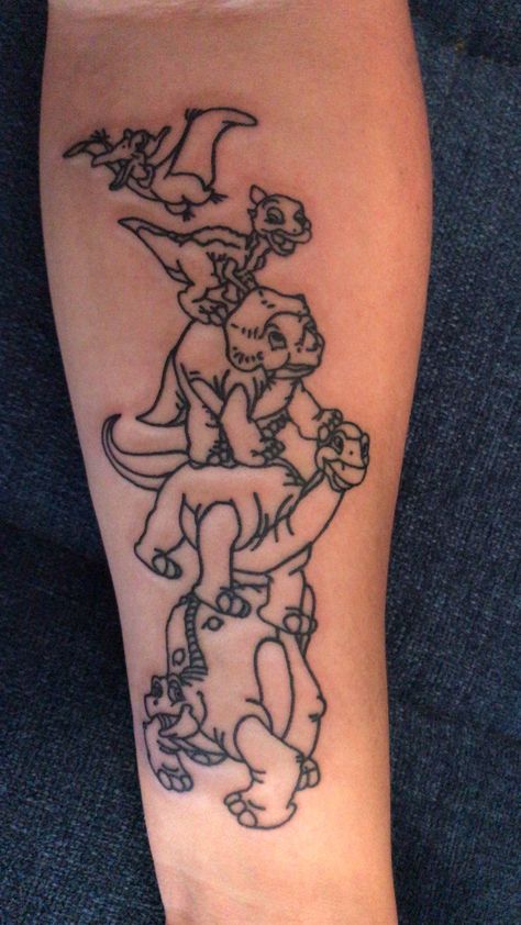 The Land Before Time Tattoo Ideas, Childhood Memories Tattoo Ideas, Land Before Time Dinosaurs Tattoo, Longneck Dinosaur Tattoo, Dinsors Tattoo, Petrie Land Before Time Tattoo, Cera Land Before Time Tattoo, Ducky Land Before Time Tattoo, Tree Star Tattoo Land Before Time