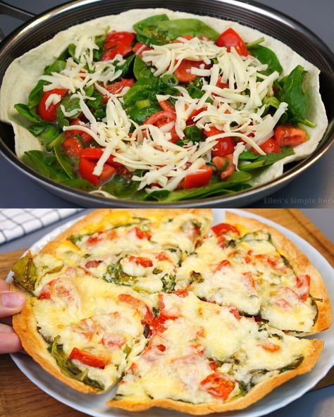 This Spinach and Egg Tortilla Bake is a quick, nutritious dish that combines eggs, fresh spinach, green onions, and tomatoes, all baked on a tortilla base with melted mozzarella cheese. It’s perfect for breakfast, brunch, or a light meal. Preparation Time Total Time: 25 minutes Active Time: 10 minutes Ingredients Tortilla: 1 large Spinach: 1 cup, fresh Eggs: 3 Green Onions: 2 stalks, chopped Tomatoes: 1, diced Salt: to taste Pepper Mix: to taste Mozzarella: 1/2 cup, shredded Directions Prepare t Spinach Egg Tortilla Recipe, Tortilla Baked Quiche, Tortilla Quiche Bake, Tortilla Egg Bake, Egg Spinach Bake, Healthy Egg Bake, Egg Tortilla, Tortilla Bake, Onions And Tomatoes