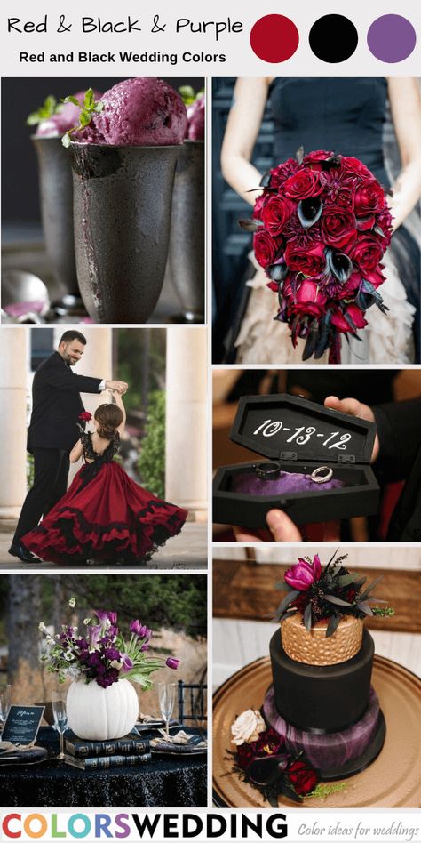 Crimson And Purple Wedding, Red And Purple Wedding Dress, Red Purple Black Wedding Color Schemes, Black Red And Purple Wedding, Goth Wedding Theme, Purple And Red Wedding, Black Purple Wedding, Black And Purple Wedding, Black Bridal Gown