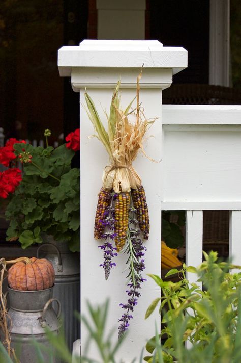 corn-on-porch2 Indian Corn Decorations Front Porches, Indian Corn Decorations Fall Displays, Cornacopia Craft, Corn Decorations, Corn Decor, Glass Gem Corn, Corn Husk Crafts, Easy Corn, Thanksgiving Decorating