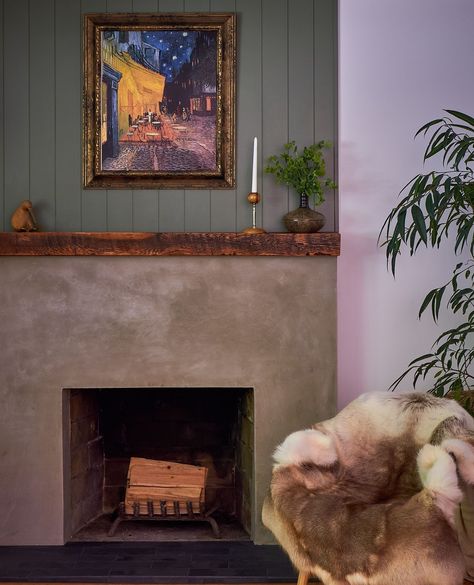 Fireplace glow-up at our Pleasant Hill project 🔥✨ This transformation features a smooth concrete surround, a dark slate tiled hearth, sage shiplap, and a rustic mantel for the perfect cozy focal point. Modern meets warm and inviting! Fireplace Makeover Spanish Style, Sage Shiplap, Free Standing Wood Stove, Tiled Hearth, Tile Fireplace Surround, Remodel Fireplace, Wallpaper Fireplace, Painted Fireplace, Tile Fireplace