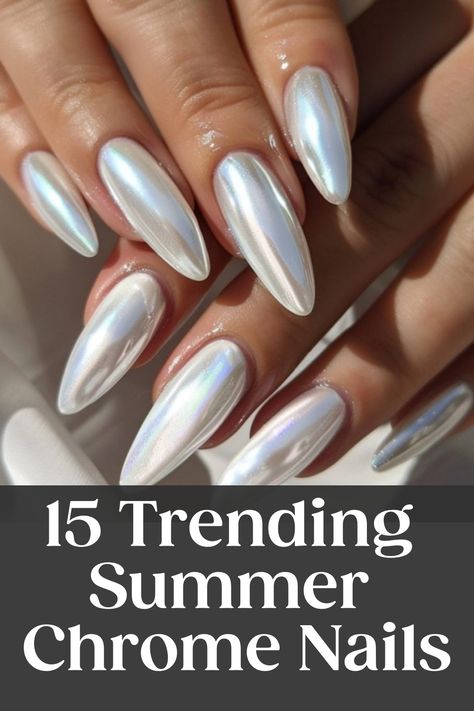 15 silver chrome nails with a glossy finish. Text reads: "15 Trending Summer Chrome Nails". Chrome Beach Nails, Chrome Colored Nails, Summer Nails Chrome, Pearl Chrome Nails, Chrome Nails Summer, Summer Chrome Nails, Lcn Nails, Chrome Nail Colors, Chrome Manicure