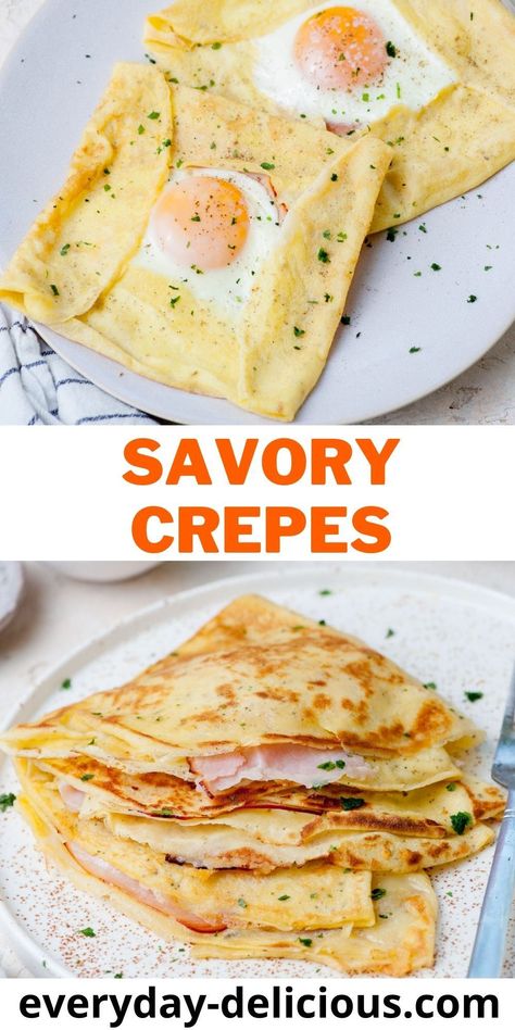 These delicious savory crepes are filled with ham, cheese, and eggs with gooey runny yolks. You can serve them as a savory breakfast or a light vegetarian dinner. They’re super quick and easy to make! Savory Breakfast Crepes, Light Vegetarian Dinner, Cooked Sandwiches, Crepes Ideas, Crepes Recipe Easy, Crepe Fillings, Crepes Sweet, Recipe Crepes, Savory Crepes Filling