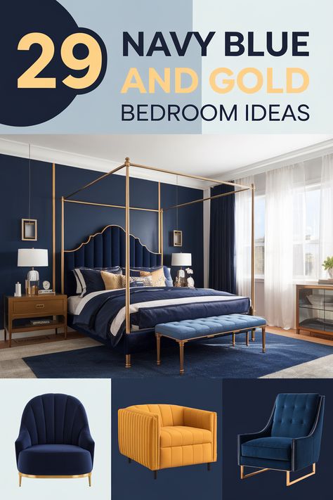 Navy blue and gold curtains can add a touch of luxury and sophistication to any master bedroom.  Explore the elegance of deep navy curtains with gold accents. Find inspiration for navy velvet curtains with gold trim, gold-rod curtains with navy sheers, and luxurious gold curtains with navy details. Navy Blue And Gold Bedroom Decor, Curtains With Gold Accents, Navy Blue And Gold Curtains, Navy Velvet Curtains, Navy Blue And Gold Bedroom, Blue And Gold Bedroom Ideas, Blue And Gold Curtains, Gold Accents Bedroom, Gold Accent Furniture