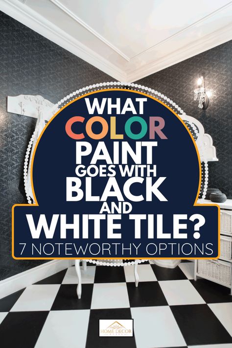 What Color Paint Goes With Black And White Tile? [7 Noteworthy Options] White Kitchen Black Floor Tiles, Black White Tiled Bathroom, Black White And Color Bathroom, Black And White Tile Basement Floor, Bathrooms With Black And White Checkered Floor, Black And White Bathroom Tile Decor, Black And White Bathroom Pop Of Color, Black And White Bathroom Tile Wall, Black And White Bathroom Ideas Decor Accent Walls