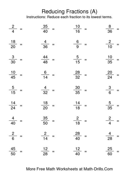 The Reducing Fractions to Lowest Terms (A) math worksheet from the Fractions Worksheet page at Math-Drills.com. Free Fraction Worksheets, Reducing Fractions, Math Fractions Worksheets, 3rd Grade Fractions, Simplifying Fractions, Adding Fractions, Free Printable Math Worksheets, Math Drills, 4th Grade Math Worksheets