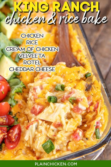 Rice Cream Of Chicken Soup, Chicken Rotel Recipes, Ranch Chicken And Rice, Recipes With Velveeta Cheese, Velveeta Recipes, Chicken Rice Bake, Rotel Recipes, King Ranch Chicken Casserole, Rice Cream