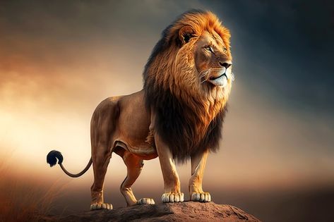 Photo lion with mane standing on rock in... | Premium Photo #Freepik #photo #lion-king #lion #wild-animals #predator Standing Lion, Lion Standing, Stone Pedestal, Joker Images, King Lion, Standing Rock, Standing Stone, Forest Wallpaper, African Animals