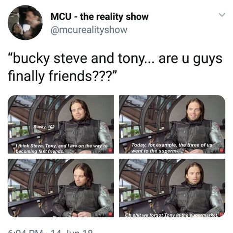 Bucky Steve, Steve And Tony, Bucky And Steve, Dc Memes, Avengers Memes, Marvel Stuff, Marvel Jokes, Marvel 3, Still Waiting