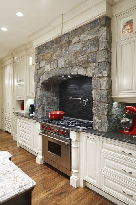 117 Alt. 2 range hood using stonework.  May be too "heavy" for our kitchen. Stone Kitchen Design, White Kitchen Traditional, Kitchen Design Pictures, Kitchen Range Hood, Stone Kitchen, Kitchen Hoods, Kitchen Stove, White Kitchen Cabinets, Counter Tops