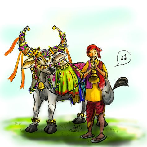 An illustartion based on the harvest festival in Indian, called Sankranthi in the Telugu speaking states of the country. It's a three day festival. During this time of the year, 'Gangireddu' a decorated bull is taken from house to house, by a person singing folk tales, taking offerings and giving blessings. Person Singing, Sankranthi Festival, Ugadi Festival, Day Festival, Illustration Procreate, Indian Festival, Harvest Festival, The Harvest, Indian Festivals