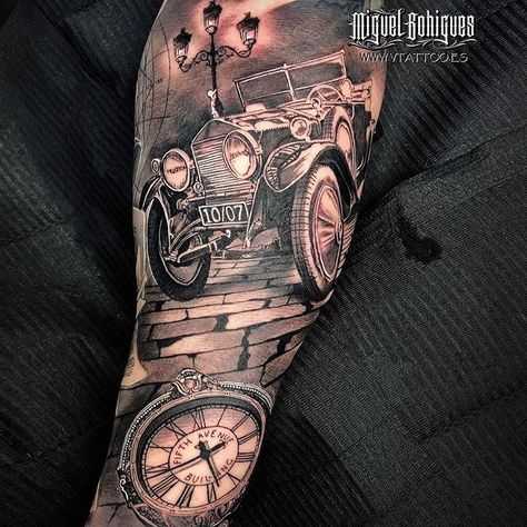 🚘 🕰⚡️👏 Old car & pocket watch. Meaningful Tattoos For Men, The Best Tattoos, Car Tattoos, Watch Tattoos, Best Tattoos, Clock Tattoo, Old Watches, Old Car, Skin Art