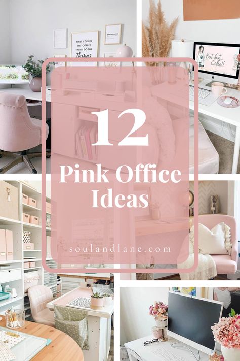 Accessorize with rose gold desk organizers, picture frames, and lamp bases for a cohesive, sophisticated look. A plush, pink velvet office chair adds comfort and luxury, encouraging hours of inspired work. Complete the ambiance with potted plants in decorative pink pots and artwork that complements the pink theme, creating a workspace you’ll have a crush on and where ideas flow freely. Home Office Above Desk Decor, Rose Gold Office Furniture, Small Feminine Home Office, Feminine Office Desk, Pink Home Office Decor, Light Pink Office Ideas, Blush Office Ideas, Woman’s Home Office Ideas, Home Office Ideas For Women Small Spaces