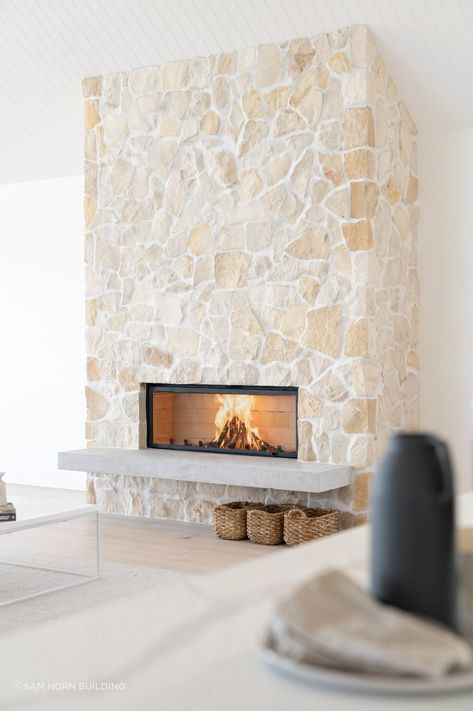 Stone Feature Wall, House Arch Design, Beach House Design, Log Burner, Wood Fireplace, Home Fireplace, Modern Architecture House, Dream House Interior, Fireplace Design