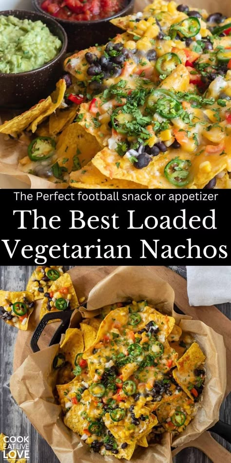 Looking for the perfect football snack or easy appetizer for game day? These loaded vegetarian nachos are packed with bold flavors and healthy ingredients, making them the ultimate comfort food. Ready in minutes, this easy appetizer will be a crowd favorite for any party or gathering. Whether you're entertaining or enjoying a cozy night in, these nachos offer a delicious, plant-based twist on a classic favorite. #footballsnacks #gamedaysnacks #nachos Vegan Loaded Nachos, Nacho Vegetarian, Best Loaded Nachos Recipe, Healthy Loaded Nachos, Vegetarian Nachos Recipe Easy, Game Day Food Vegetarian, Loaded Nachos Recipe Vegetarian, Vege Nachos, Fancy Nachos