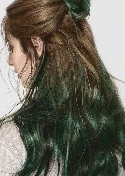 Underdye Hair, Dark Green Hair, Green Hair Dye, Wine Hair, Peekaboo Hair, Hair Streaks, Dyed Hair Inspiration, Long Brown Hair, Dye My Hair