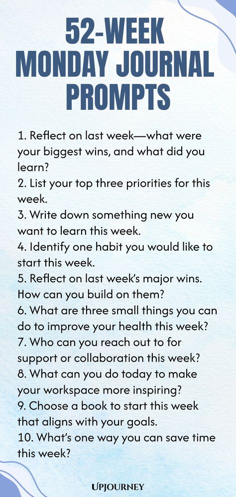 Explore a year's worth of thought-provoking journal prompts with our "52-Week Monday Journal Prompts" collection. Start your week on a reflective note and watch how this daily habit sparks creativity and self-discovery. Perfect for anyone looking to cultivate mindfulness and self-awareness in their daily routine. Enhance your journaling practice and nurture personal growth one prompt at a time! Monday Journal Prompts, Monday Journal, Monthly Journaling, Daily Journal Ideas, 21st Bday Cake, Changing Myself, Journal Prompt Ideas, Easy Journal, Donald Miller