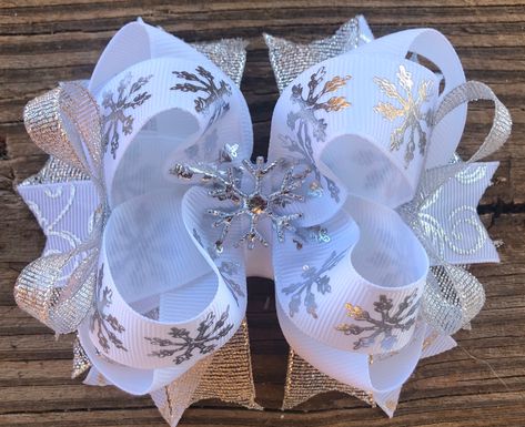 Snowflake Hair Bow, Frozen Hair Bows, Snowflake Hair, Christmas Boutique, Frozen Hair, Kids Hair Bows, White Hair Bows, Christmas Sparkle, Large Hair Bows