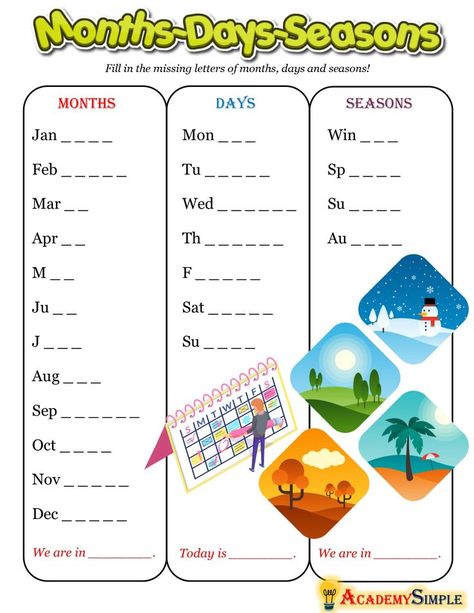 Kids English Worksheets, Worksheets For Kids English, Units Of Time, Seasons Worksheets, English Grammar Notes, Seasons Months, English Teaching Materials, English Activities For Kids, Seasons Activities