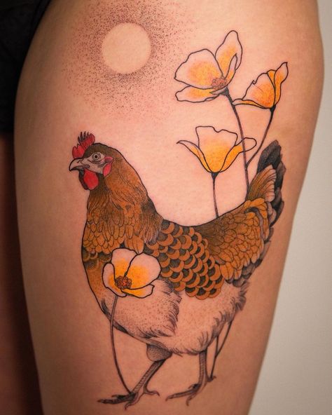 Chicken Flash Tattoo, Small Goat Tattoo Simple, Mother Hen Tattoo, Chicken Line Tattoo, Little Chicken Tattoo, Traditional Chicken Tattoo, Chicken With Flowers Tattoo, Chicken Tattoo Ideas, Hen Tattoo