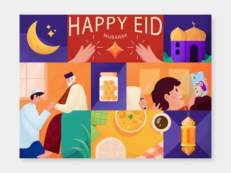 Happy Eid Mubarak Ramadan Design Ideas, Hari Raya Illustration, Raya Illustration, Eid Mubarak Illustration, Ramadan Illustration, Box Hampers, Eid Card, New Illustration, Adobe Illustrator Design