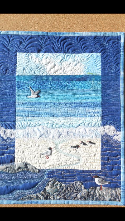 Sheena Norquay Quilts, Seascape Quilts Patterns, Quilting Water Designs, Ocean Quilts Ideas, Sheena Norquay, Fabric Landscape, Beach Quilts, Seascape Quilts, Coastal Quilts