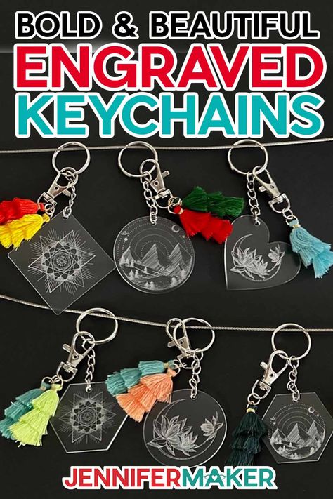 Pinterest for acrylic engraved keychain tutorial from JenniferMaker. Acrylic Engraved Keychain, Acrylic Keychains Engraved, Rectangle Acrylic Keychain Ideas, Cricut Engraving Projects Acrylic, Acrylic Keychain Ideas Vinyl, Keychain Ideas Diy, Acrylic Keychain Ideas, Engraved Acrylic Keychain, Circut Joy