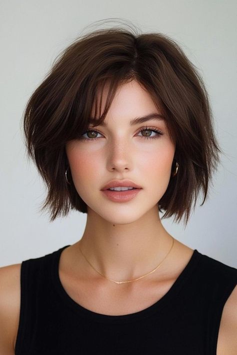 30 Chic Short Hairstyles for Women - Project Hairstyles Short Bob With Texture, Short Hair With Side Bangs And Layers, Bob With Face Framing Layers Short Hair, Side Part Bob With Bangs, Short Dark Hair Styles, Short Bob With Side Bangs, Layered Bob With Side Bangs, Short Hair Side Part, Dark Hair Styles