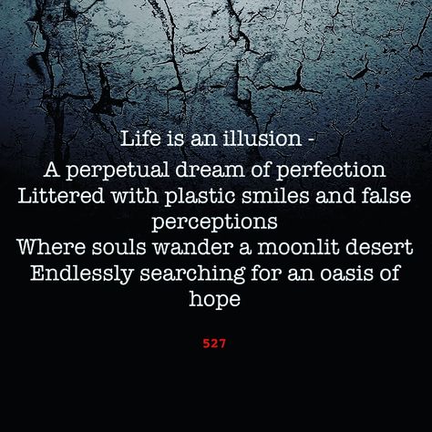 Life is an illusion  A perpetual dream of perfection Littered with plastic smiles and false perceptions Where souls wander a moonlit desert; Endlessly searching for an oasis of hope False Perception Quotes, Life Is An Illusion Quote, Life Is An Illusion, Oasis Quotes, Perception Quotes, Body Freedom, Hope Quotes, Hopes And Dreams, Oasis