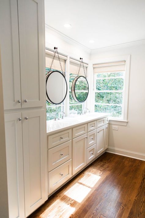 Mirror In Front Of Window, Vanity In Front Of Window, Window Vanity, Hanging Mirrors, Closet Mirror, Vanity Inspiration, Salon Mirrors, Mirrors Bathroom, Bath Makeover