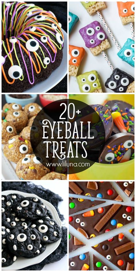 A roundup of 20+ Eyeball Treats that make for the perfect Halloween party snacks and desserts!! No tricks here, just treats! { lilluna.com } Eyeball Treats, Halloween Themed Desserts, Halloween Themed Snacks, Halloween Food Crafts, Halloween Snacks For Kids, Perfect Halloween Party, Candy Eyeballs, Halloween Sensory, Halloween Entertaining