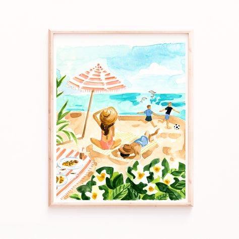 Family at the Beach Print, Tropical Wall Art, Retro Beach Prints, Boho Beach Wall Art, Watercolor Beach Picnic Drawing, Beach Day Drawing, Beach Umbrella Drawing, Beach Umbrella Painting, Family At The Beach, Sabina Fenn, Playing Soccer, Reference Pics, Tropical Wall Art