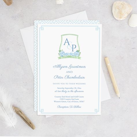 Blue And Green Motif Wedding, Blue White And Green Wedding, Navy Blue And Green Wedding Invitations, Blue White Green Wedding Invitation, Blue And White Floral Wedding Invitation, Watercolor Crest Wedding Invitation, Crest Wedding Invitations, White And Green Wedding, Green Themed Wedding