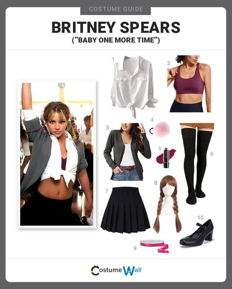 Britney Spears (”Baby One More Time”) Costume Music Icon Costume Ideas, Music Icons Costume Ideas, Baby One More Time Britney Spears, Britney Spears Baby One More Time, Musical Halloween Costumes, Baby One More Time Costume, Music Costume Ideas, Iconic Music Video Outfits, Music Video Costumes