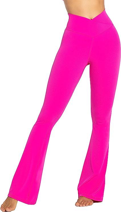 80% Nylon, 20% Spandex Imported V Crossover Waist closure [Tummy Control Yoga Pants] The flare legging is ideal for yoga and gym workouts. The yoga pant provides tummy control, sculpts your legs and accentuates your waistline. [High Quality Fabric] The legging is made of 80% nylon and 20% spandex fabric which is buttery soft, stretchy, non-see through and ultra-light. It gives you proper and weightless support. [Crossover Waistband] The flare legging is designed with crossover waistband and V se Pink Flare Leggings, Comfortable Yoga Pants, Yoga Flare Pants, Sports Pants Women, Flare Legging, Pink Yoga Pants, Comfy Leggings, Sports Trousers, Yoga Pant