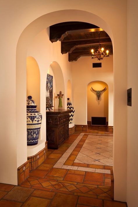 Saltillo Tile Floor, Hacienda Homes, Hacienda Style Homes, Saltillo Tile, Spanish Decor, Fireplace Tile Surround, Mexico House, Terracotta Floor, Mexican Home Decor