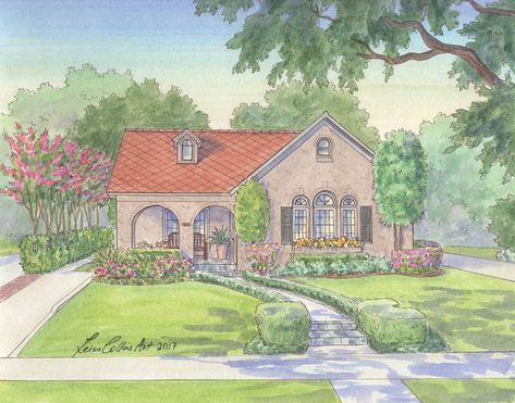 Architecture Infographic, Sims Exterior, Art Room Aesthetic, Houses Watercolor, House Portrait Painting, Spanish Exterior, Garden Illustrations, Urban Watercolor, Tudor Homes