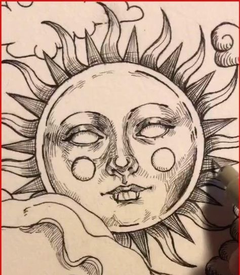 Moon Face Drawing, Art Sun And Moon, Drawing Ideas Aesthetic, Hippie Drawing, Drawings With Meaning, Vintage Tattoos, Drawing Canvas, Moon Drawings, Sun Drawing