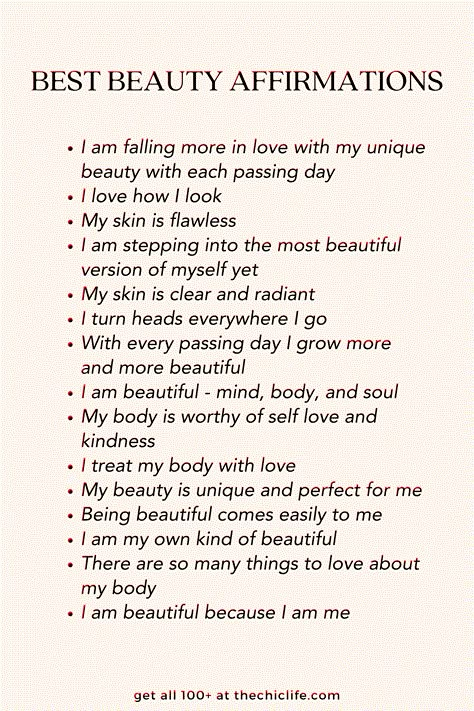 List of Best Beauty Affirmations Beauty And Confidence Affirmations, Affirmation For Beauty, Vision Board Quotes Love, Glamour Affirmations, I Am Pretty Affirmations, Traveling Affirmations, Spirituality Vision Board, Physical Beauty Affirmations, Appearance Affirmations