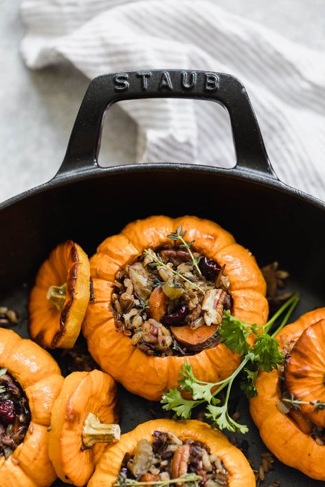 Mini Wild Rice Stuffed Pumpkins - Broma Bakery Stuffed Pumpkins, Pumpkin Stew, Pumpkin Vegetable, Fall Veggies, Stuffed Pumpkin, Roasted Cauliflower Soup, Broma Bakery, Recipe Pumpkin, Veggie Stock