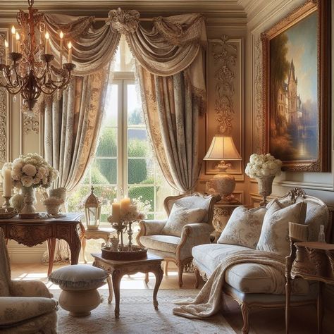 Elegant Drapery and Linens French Castle Interior, Country Home Decor Ideas, French Chateau Interiors, Parisian Interior Design, French Country Home Decor, Salas Living Room, French Castle, Chateaux Interiors, Elegant Draperies