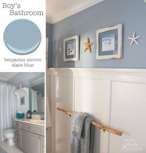 Bathroom - Benjamin Moore Slate Blue | Pretty Handy Girl Benjamin Moore Slate Blue, Grey Bathroom Paint, Blue Bathroom Paint, Coastal Paint, Room Yellow, Interior Paint Colors Schemes, Bathroom Paint Colors, Bathroom Color, Boys Bathroom